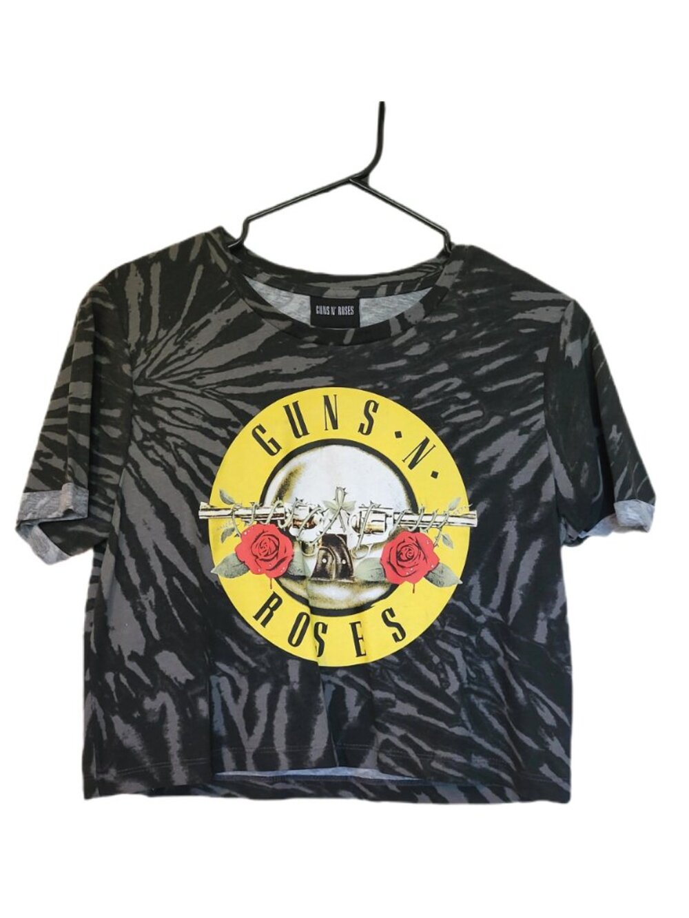*NEW* GUNS N' ROSES Logo Grey & Black Tie Dye Cropped T-Shirt Size Small